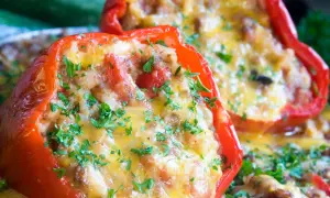 Peperoni ripieni senza carne, dorati e filanti, guarniti con prezzemolo fresco. Un piatto gustoso e colorato.