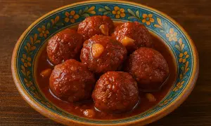 Polpette in agrodolce, succulente e profumate, servite in un piatto decorato con fiori.