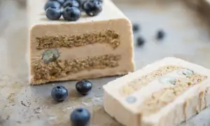 Un delizioso semifreddo al caffè con strati di biscotto e mirtilli, guarnito con mirtilli freschi.