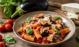 Piatto di pasta alla norma con melanzane fritte, pomodoro e basilico fresco, guarnito con ricotta salata grattugiata.