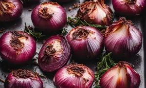Cipolle di Tropea rosse, tagliate a metà e arrostite, pronte per gustose ricette.