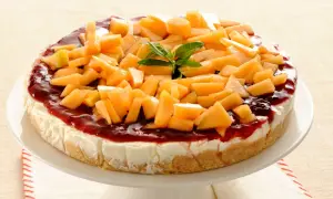 Deliziosa cheesecake al melone, con topping di frutta fresca e salsa rossa, su un piatto bianco.