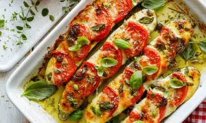 Zucchine al forno con pomodoro e mozzarella, un piatto saporito e colorato, perfetto per le tue ricette con zucchine estive.