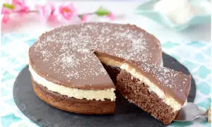 Deliziosa torta cocco e cioccolato, con una fetta appena tagliata, cosparsa di cocco grattugiato.