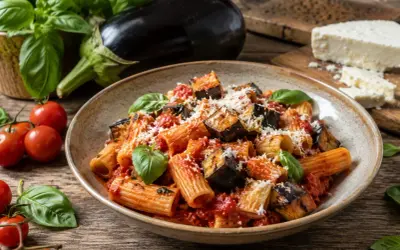 Piatto di pasta alla norma con melanzane fritte, pomodoro e basilico fresco, guarnito con ricotta salata grattugiata.
