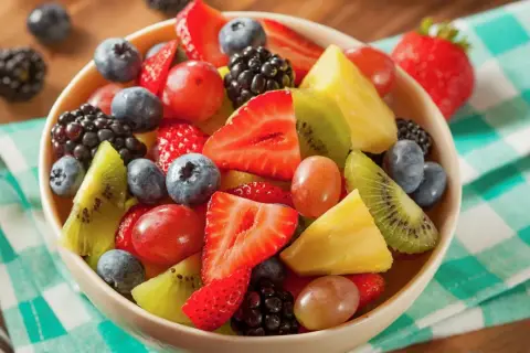 Una ciotola piena di macedonia di frutta colorata: fragole, mirtilli, lamponi, kiwi, ananas e uva.