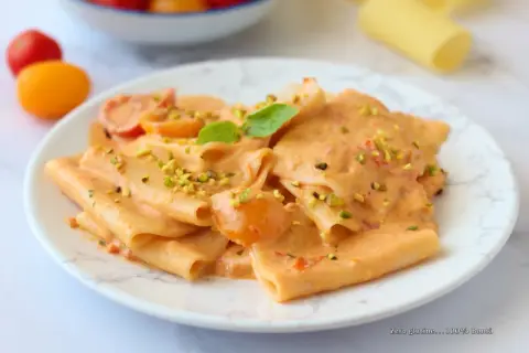 Paccheri cremosi con pomodorini e pistacchi, un piatto di pasta con stracciatella che invita a un morso goloso.