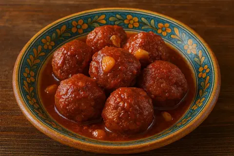 Polpette in agrodolce, succulente e profumate, servite in un piatto decorato con fiori.