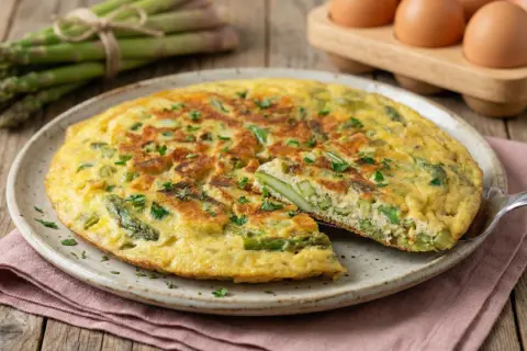 Frittata di asparagi dorata e soffice, guarnita con prezzemolo fresco. Sullo sfondo, un mazzo di asparagi e uova.