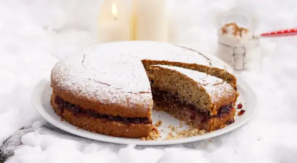 Torta di grano saraceno con marmellata, spolverata di zucchero a velo, su un letto di neve.