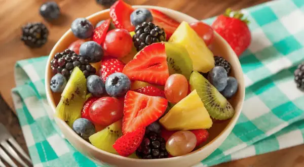 Una ciotola piena di macedonia di frutta colorata: fragole, mirtilli, lamponi, kiwi, ananas e uva.