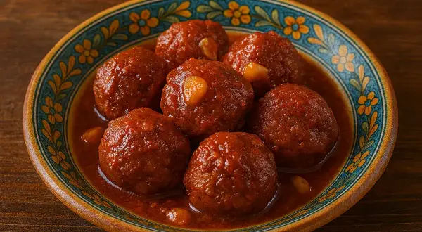 Polpette in agrodolce, succulente e profumate, servite in un piatto decorato con fiori.