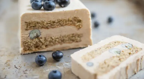 Un delizioso semifreddo al caffè con strati di biscotto e mirtilli, guarnito con mirtilli freschi.