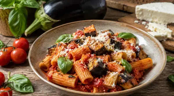 Piatto di pasta alla norma con melanzane fritte, pomodoro e basilico fresco, guarnito con ricotta salata grattugiata.