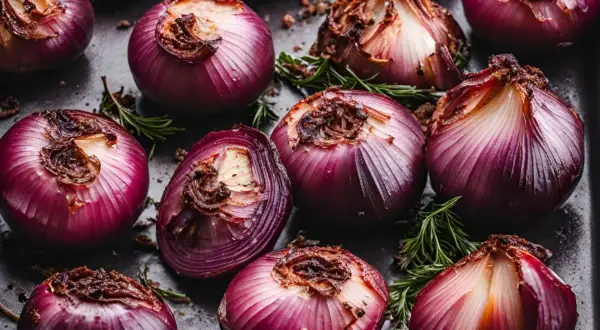 Cipolle di Tropea rosse, tagliate a metà e arrostite, pronte per gustose ricette.