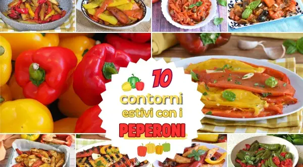 Collage di piatti estivi con peperoni: peperoni arrostiti, grigliati e in padella. Idee per ricette con peperoni freschi e colorati.