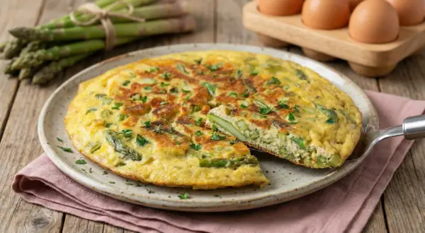Frittata di asparagi dorata e soffice, guarnita con prezzemolo fresco. Sullo sfondo, un mazzo di asparagi e uova.