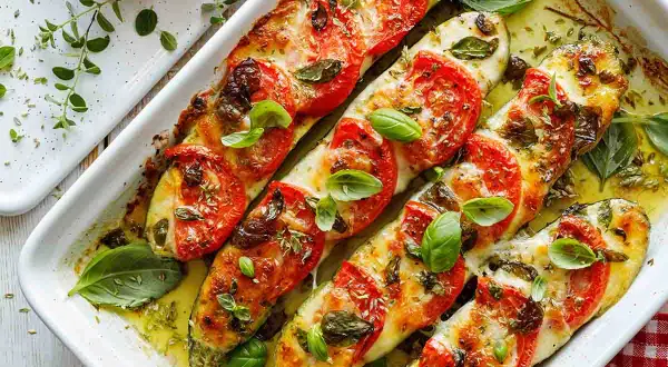 Zucchine al forno con pomodoro e mozzarella, un piatto saporito e colorato, perfetto per le tue ricette con zucchine estive.