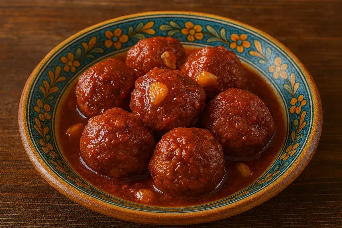 Polpette in agrodolce, succulente e profumate, servite in un piatto decorato con fiori.