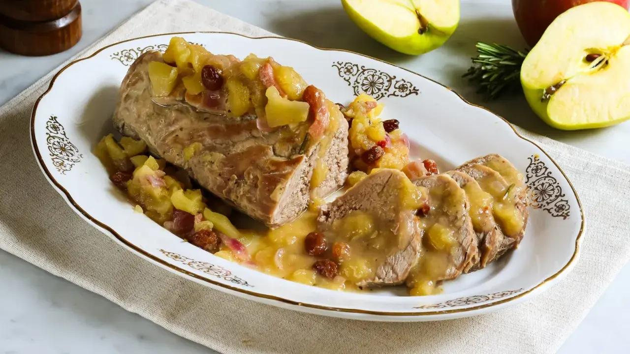 Un succulento filetto di maiale Cannavacciuolo, cotto a puntino e servito con una composta di mele e uvetta.