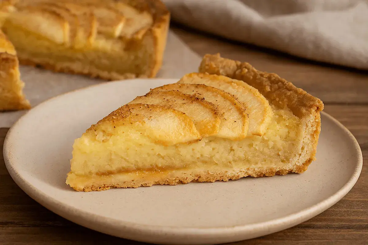 Una fetta di crostata di mele, con la sua base dorata, ripieno cremoso e mele affettate in superficie, pronta per essere gustata.