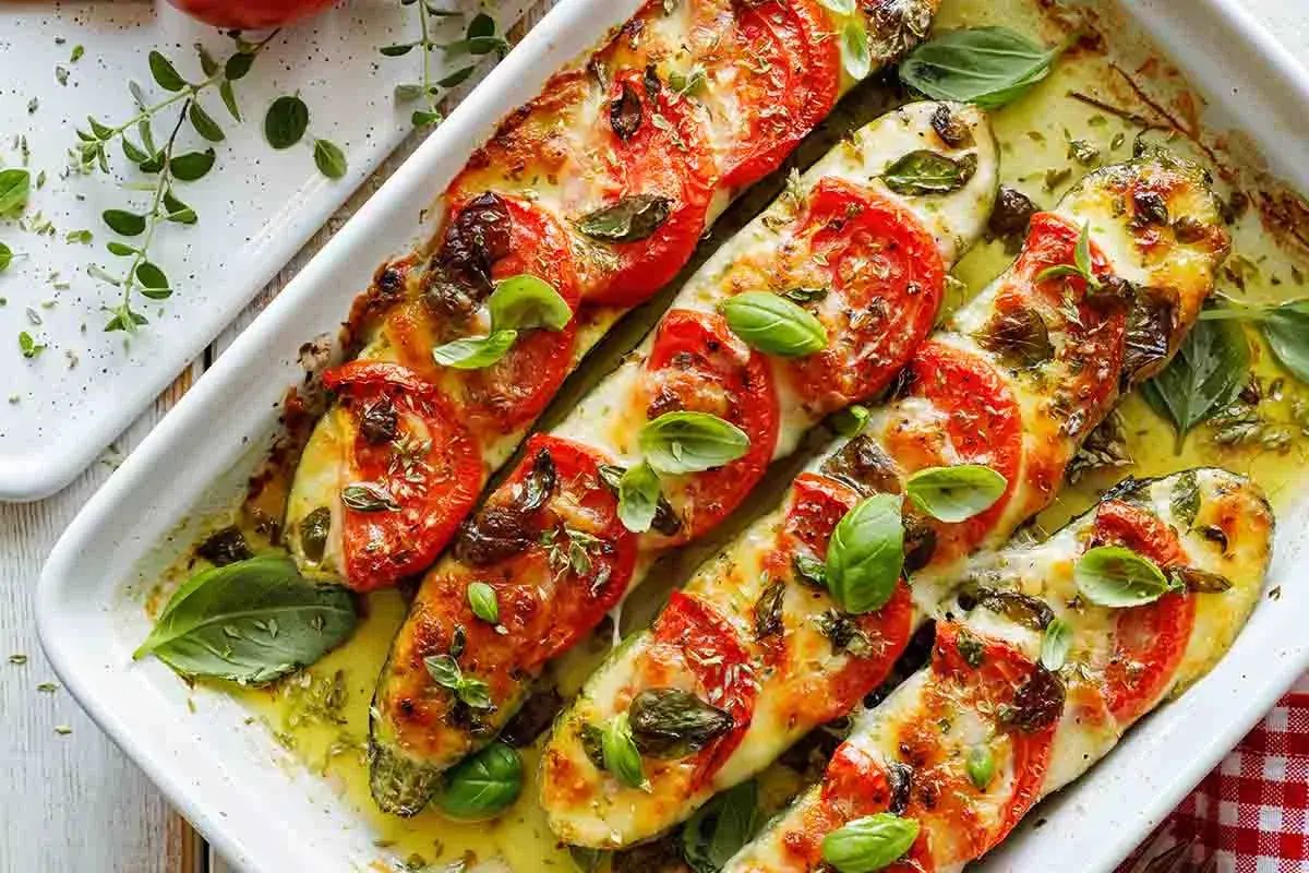 Zucchine al forno con pomodoro e mozzarella, un piatto saporito e colorato, perfetto per le tue ricette con zucchine estive.