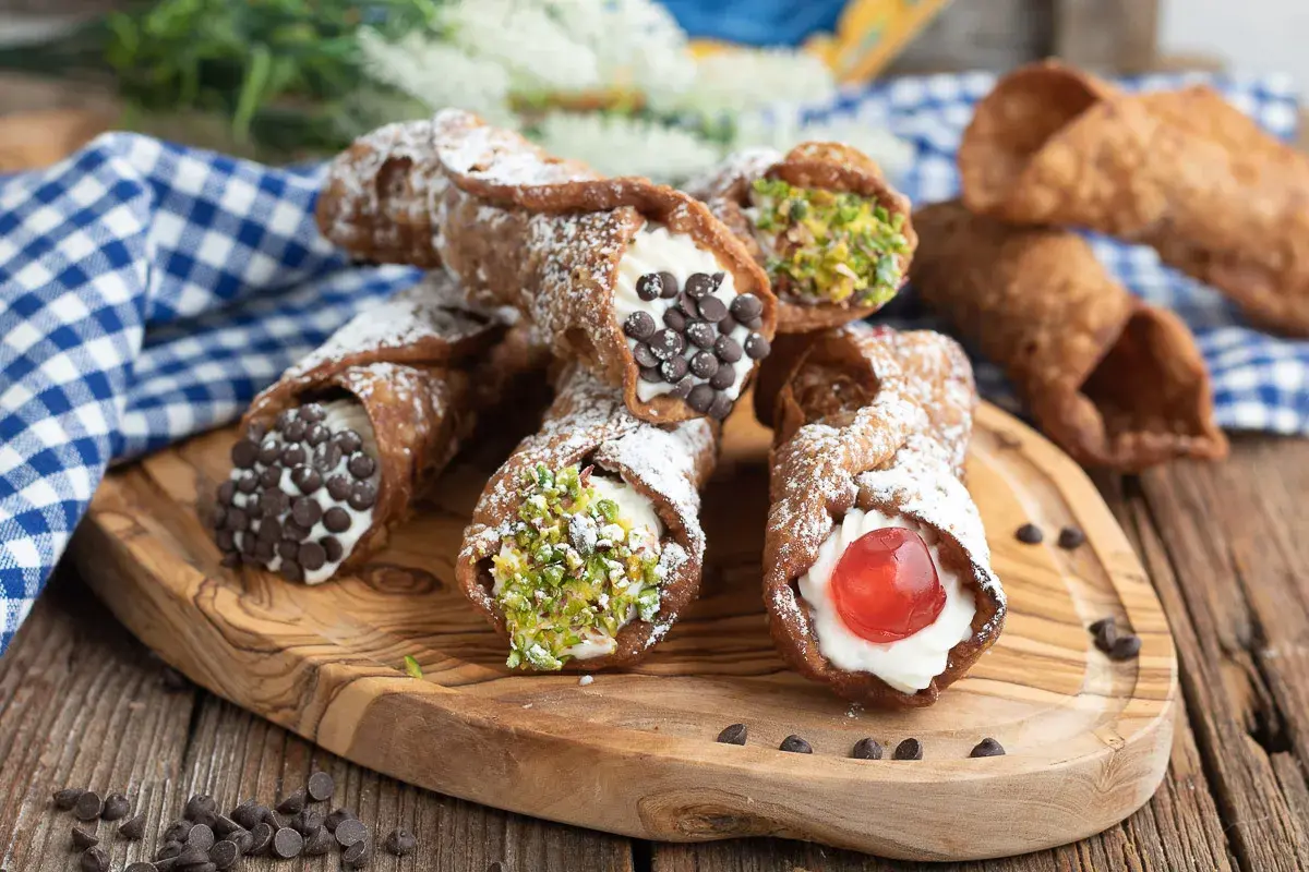 Cannoli siciliani ricetta: deliziosi dolci con crema, gocce di cioccolato, pistacchi e ciliegina candita su tagliere di legno.