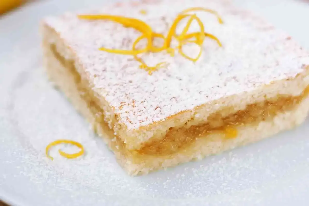 Una fetta di torta con pasta frolla morbida, ripiena di marmellata e spolverata di zucchero a velo e scorza d'arancia.