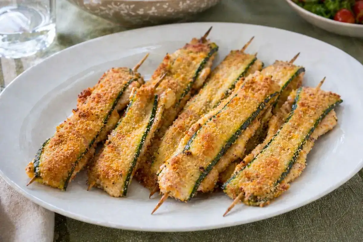 Spiedini di zucchine e pollo impanati, cotti alla perfezione nella friggitrice ad aria. Croccanti e saporiti, un'idea sfiziosa per un pasto leggero.
