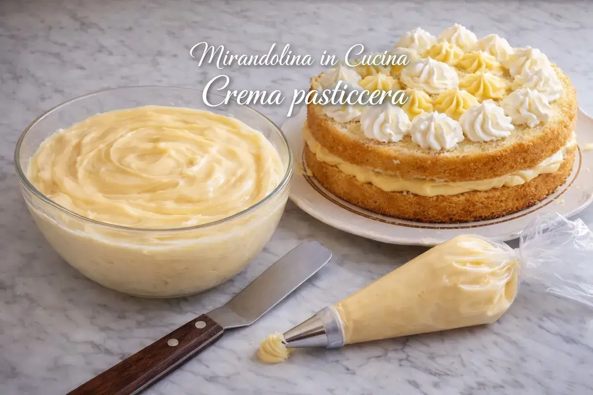 Crema pasticcera senza uova pronta per decorare una torta. Una ciotola piena di crema, una sac à poche e una spatola completano la scena.