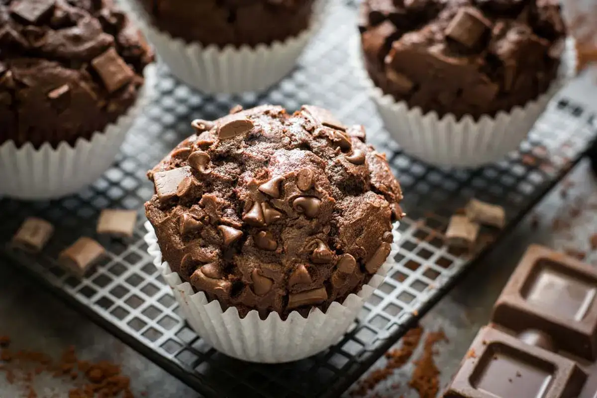 Muffin al cioccolato ricchi e golosi, con gocce e pezzi di cioccolato fondente, su una griglia con cacao sparso e tavolette di cioccolato.