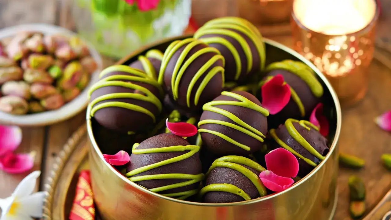 Deliziosi tartufini al cioccolato decorati con glassa verde brillante, adagiati in un vassoio dorato con petali di rosa e pistacchi.