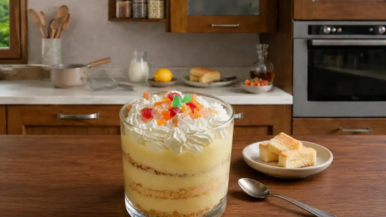 Un goloso bicchiere di zuppa inglese tradizionale, stratificata con pan di Spagna, crema pasticcera e panna montata, guarnita con canditi colorati.