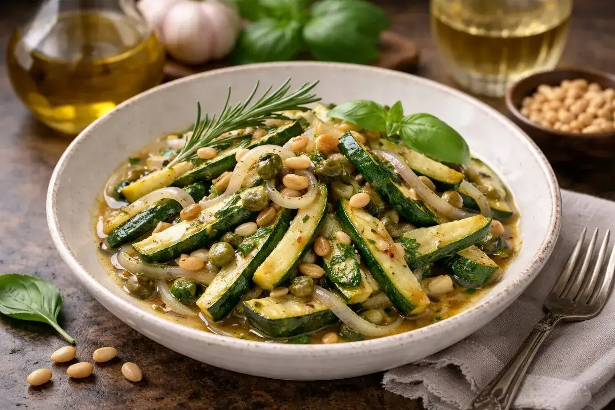 Zucchine in carpione, un piatto saporito con cipolle, capperi e pinoli, guarnito con rosmarino e basilico.