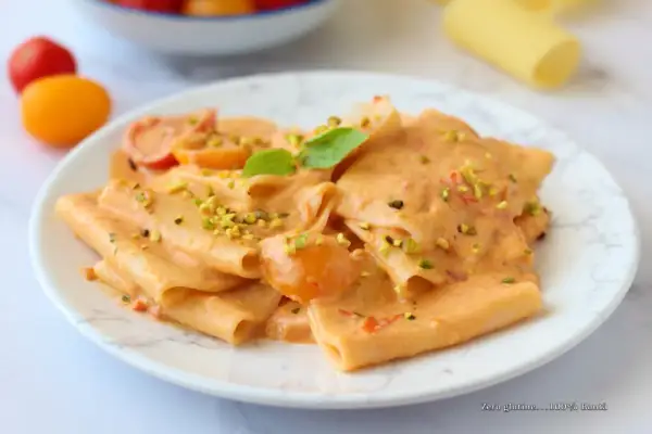 Paccheri cremosi con pomodorini e pistacchi, un piatto di pasta con stracciatella che invita a un morso goloso.