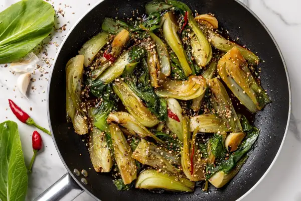 Pak choi saltato in padella con aglio, peperoncino e semi di sesamo. Un'idea veloce per gustose ricette in padella.