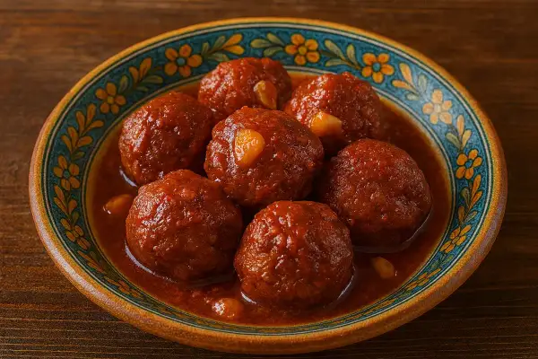 Polpette in agrodolce, succulente e profumate, servite in un piatto decorato con fiori.