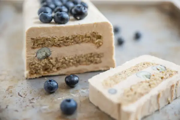 Un delizioso semifreddo al caffè con strati di biscotto e mirtilli, guarnito con mirtilli freschi.