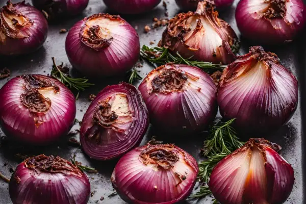 Cipolle di Tropea rosse, tagliate a metà e arrostite, pronte per gustose ricette.