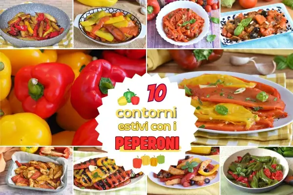 Collage di piatti estivi con peperoni: peperoni arrostiti, grigliati e in padella. Idee per ricette con peperoni freschi e colorati.