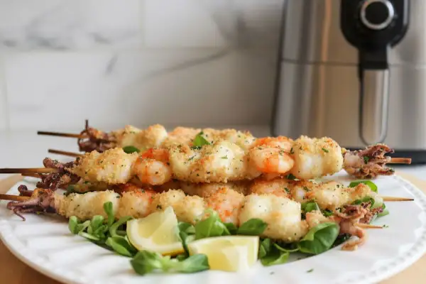 Spiedini di gamberi e calamari impanati, cotti alla perfezione nella friggitrice ad aria, serviti su un letto di insalata con spicchi di limone.