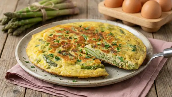 Frittata di asparagi dorata e soffice, guarnita con prezzemolo fresco. Sullo sfondo, un mazzo di asparagi e uova.